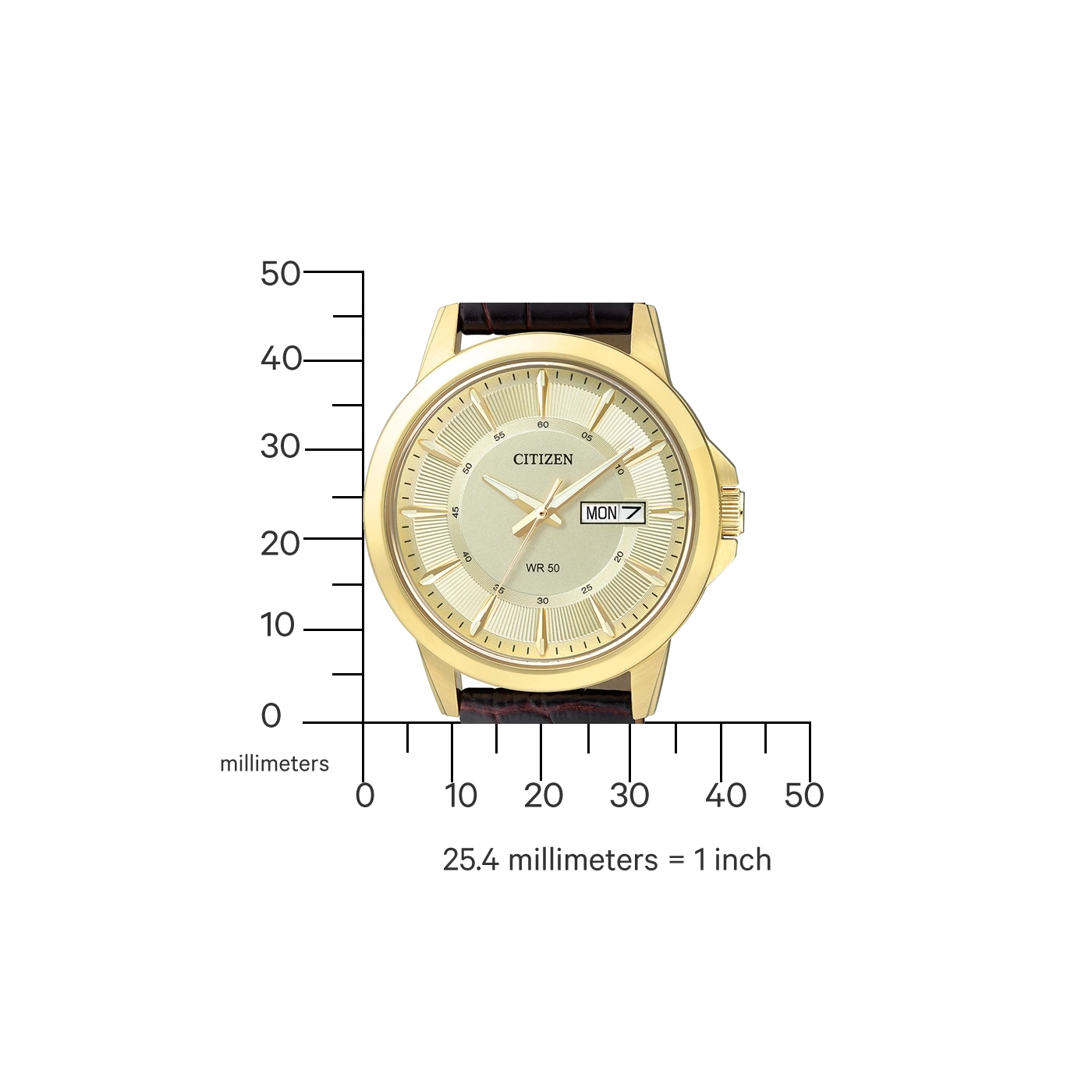 Goldene Citizen-Uhr mit braunem Armband, die Tag und Datum anzeigt.