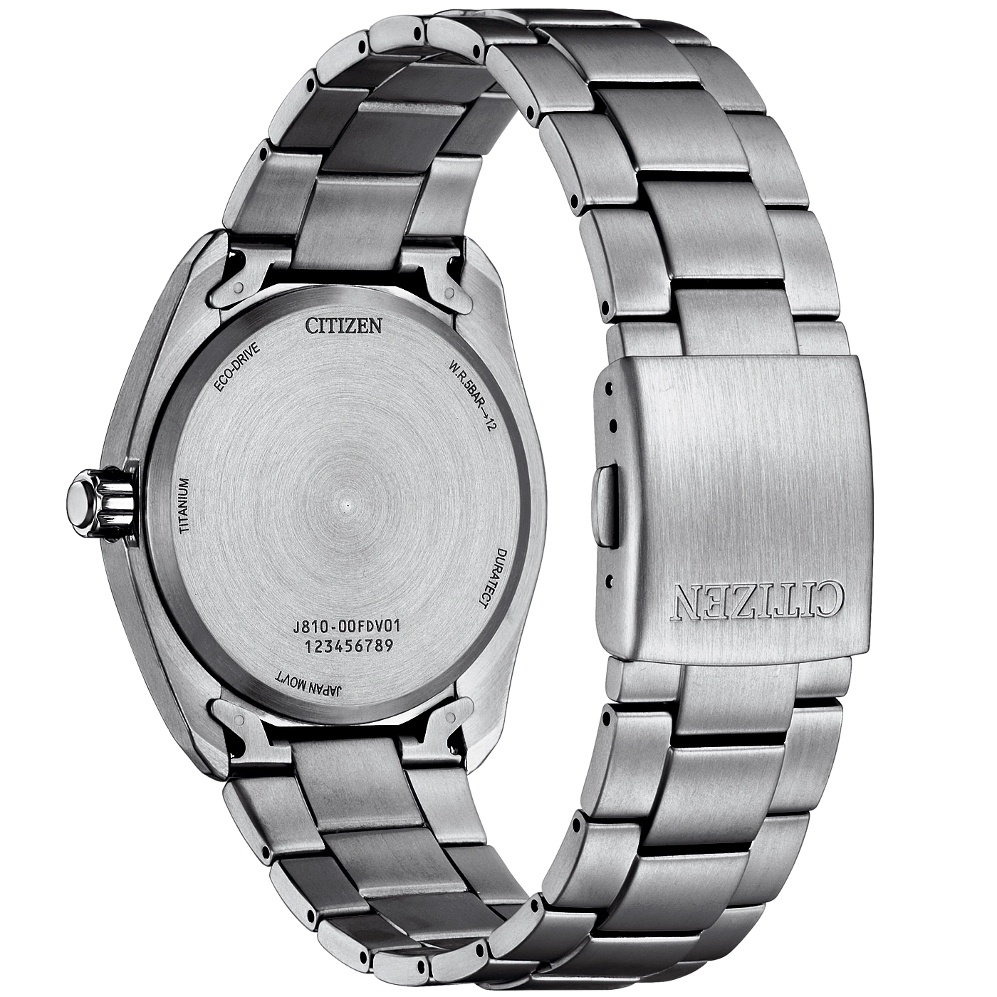 Nahaufnahme der Rückseite einer Citizen Eco-Drive Titanuhr mit der Modellnummer J810-00FDV01.