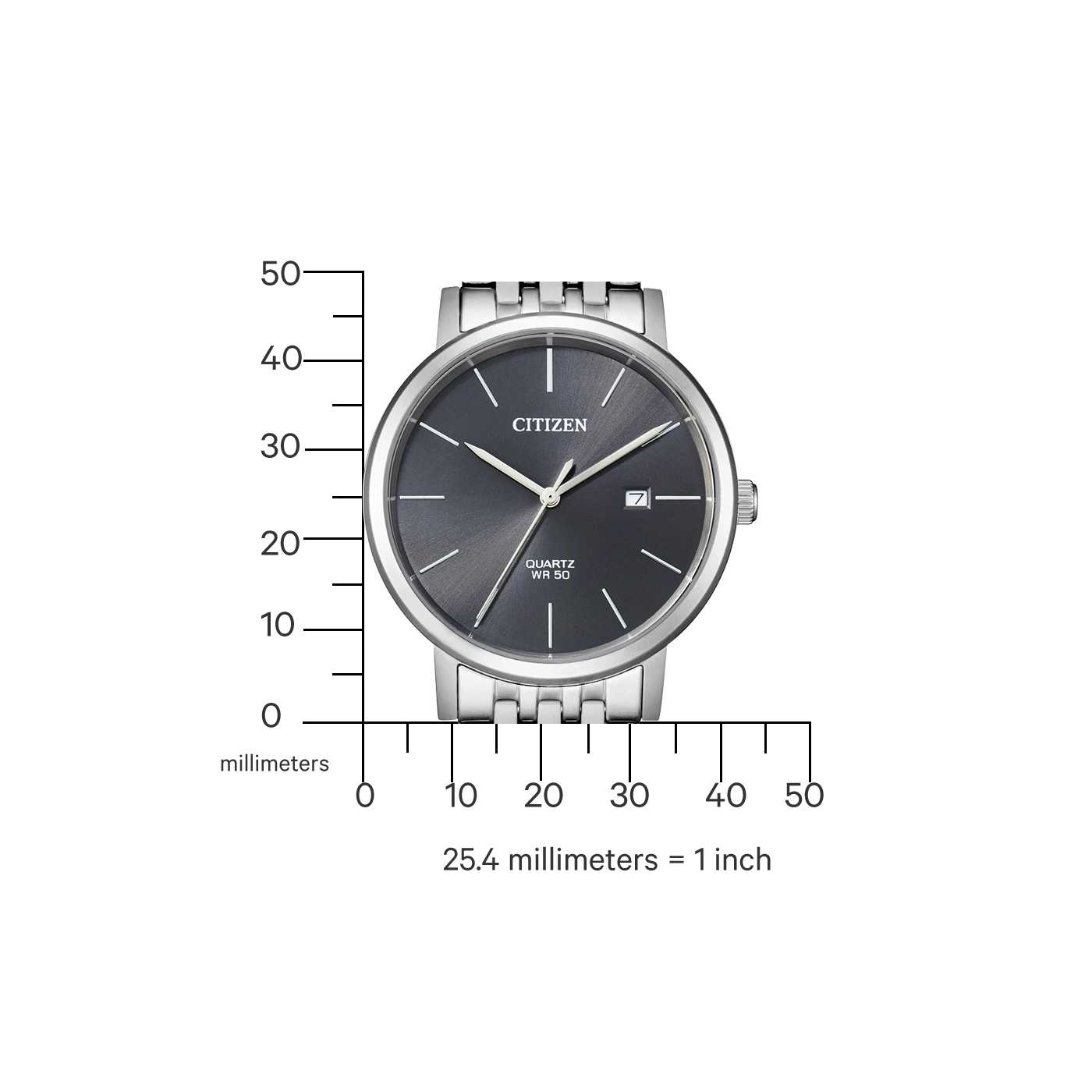 Citizen-Uhr mit dunkelgrauem Zifferblatt und silbernem Armband, mit Messungen.