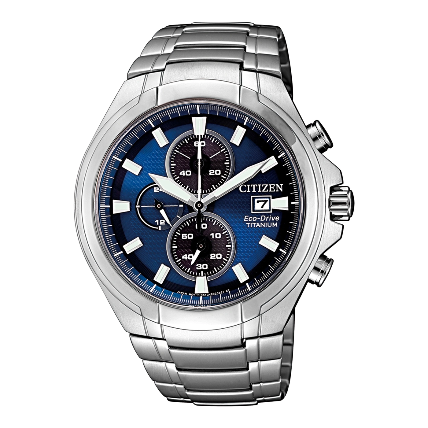 Citizen-Uhr mit blauem Zifferblatt, Eco-Drive, Titan, Chronograph und Datumsanzeige.