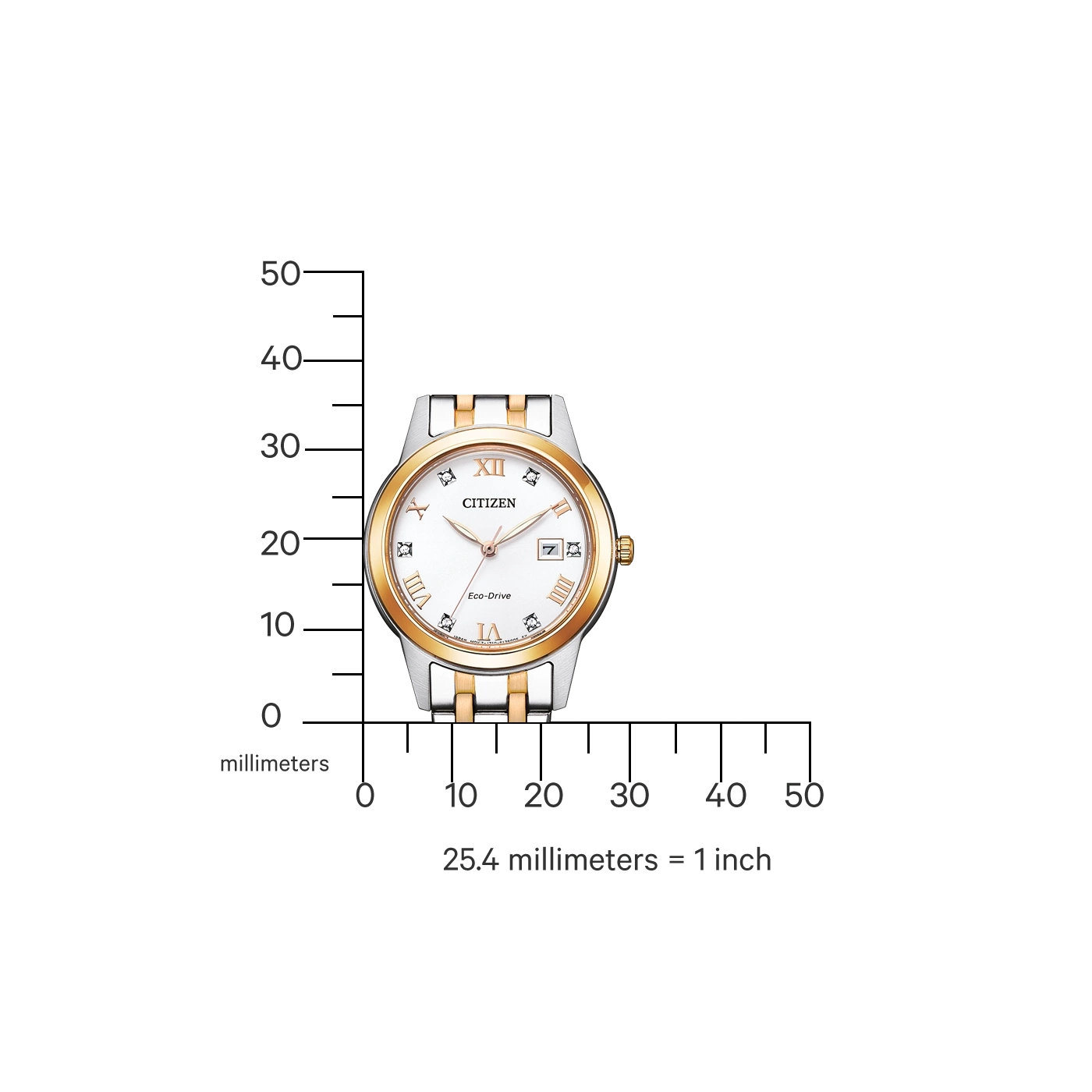 Citizen-Uhr mit Gold- und Silberakzenten, weißem Zifferblatt und römischen Ziffern.
