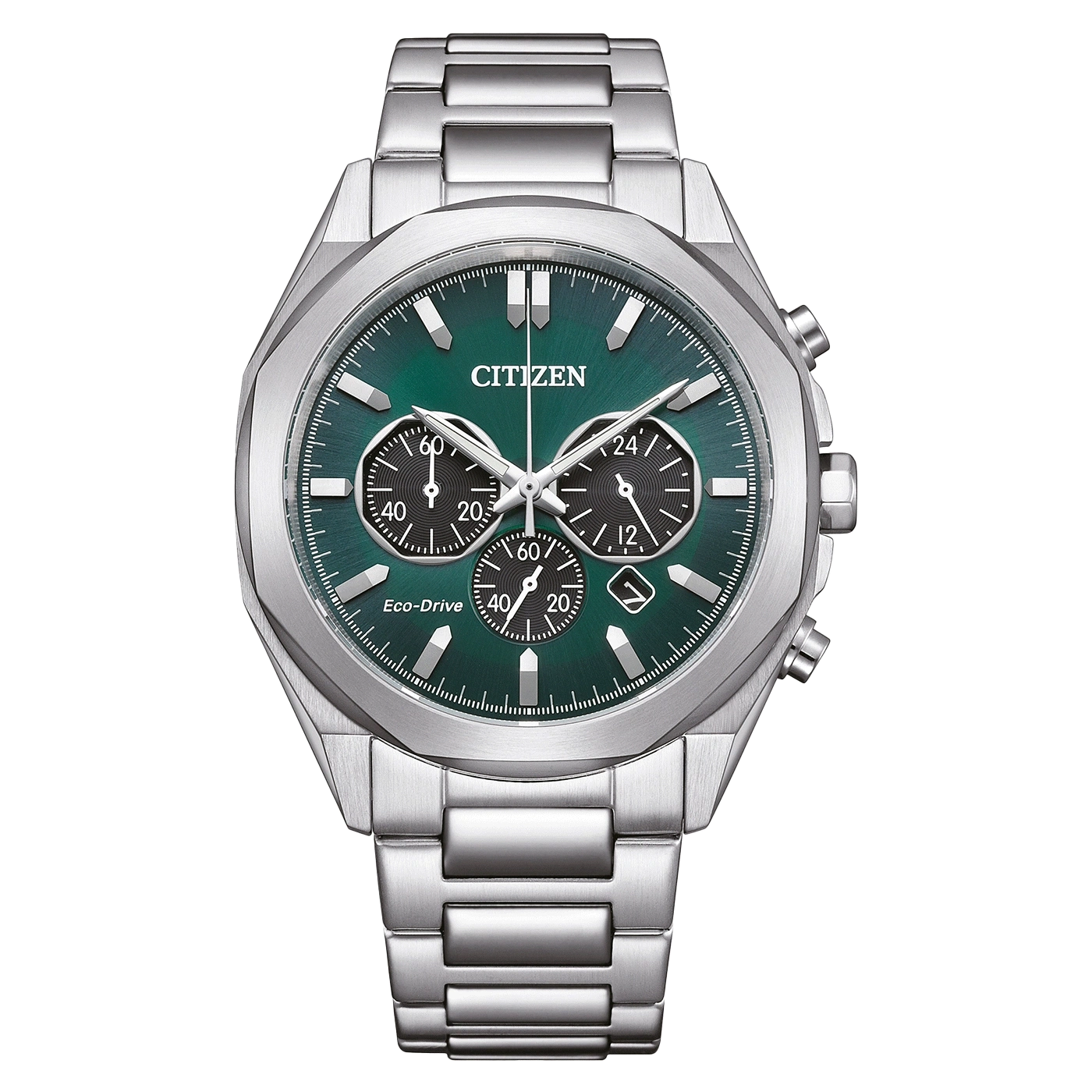 Citizen-Uhr mit grünem Zifferblatt und silbernem Armband, Eco-Drive-Technologie.
