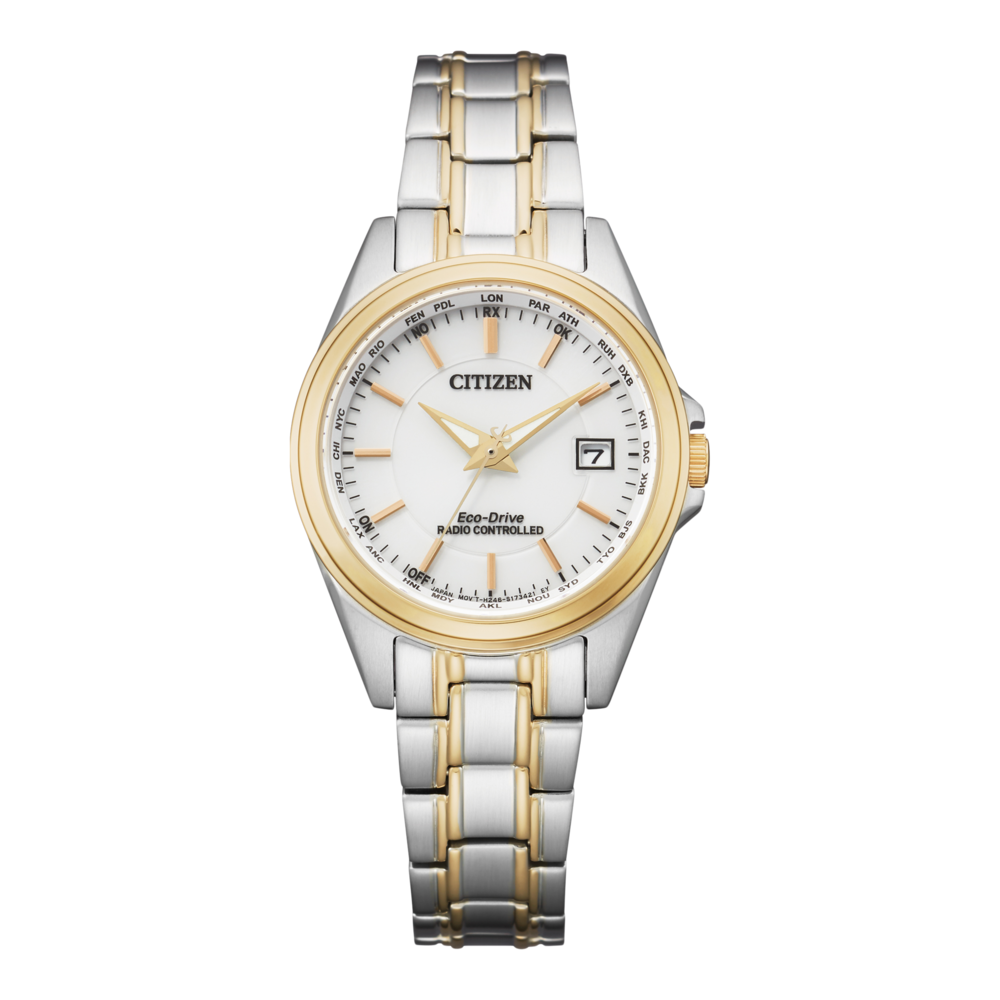 Citizen-Uhr mit weißem Zifferblatt, goldenen Akzenten und Datumsanzeige. Silbernes und goldenes Armband.
