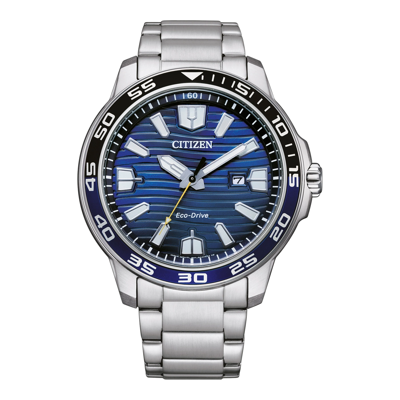 Citizen-Uhr mit blauem Zifferblatt und silbernem Armband, Eco-Drive-Technologie.