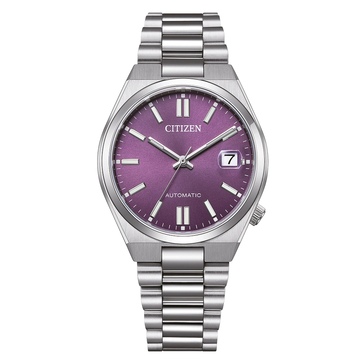 Citizen-Uhr mit lila Zifferblatt und silbernem Armband, Automatik.