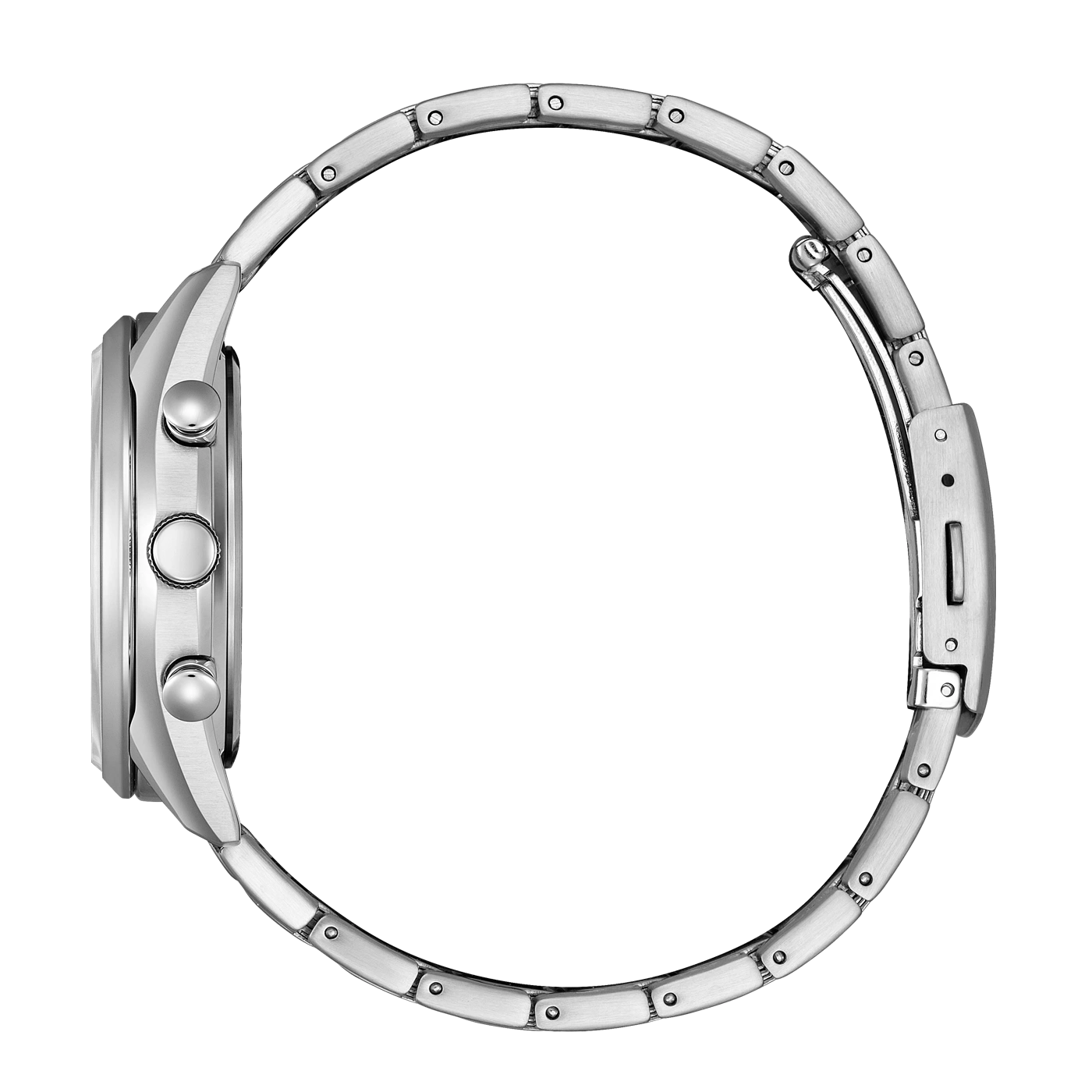 Silberne Uhr mit Metallarmband, Seitenansicht, isoliert auf weißem Hintergrund.