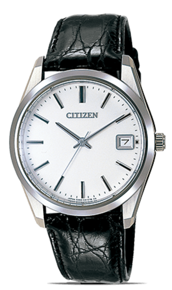 This image showcases a Citizen watch with a clean white dial, silver-toned case, and a black crocodile-embossed leather strap. It features black baton hour markers, sleek hands, and a date window at 3 o'clock, all against a plain background.