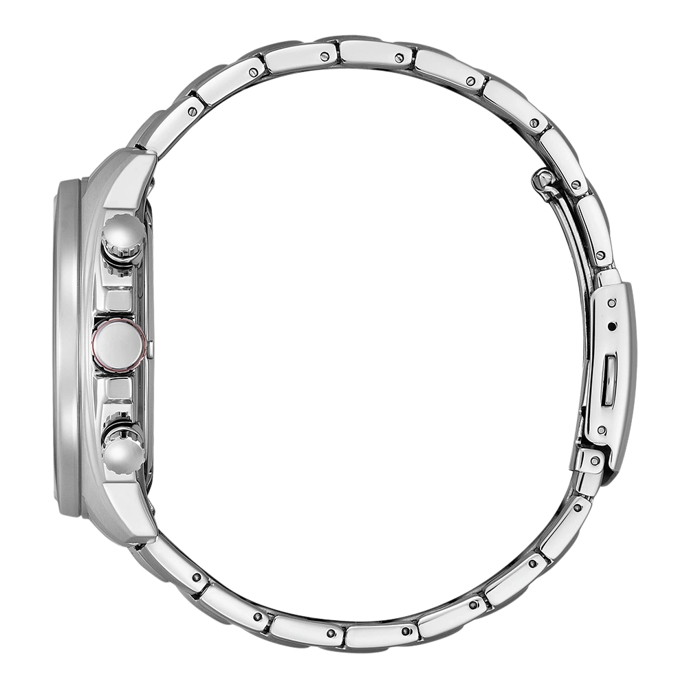 Seitenansicht einer silbernen Armbanduhr mit Metallband und Knöpfen.