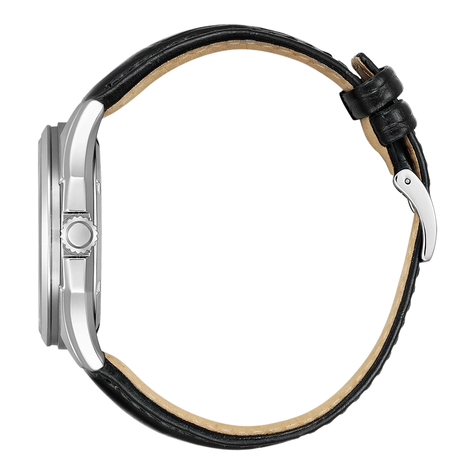 Seitenansicht einer silbernen Uhr mit schwarzem Lederarmband.