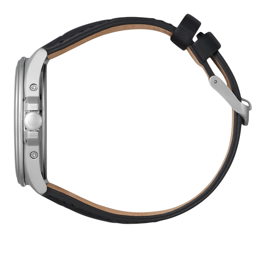 Seitenansicht einer silbernen Uhr mit schwarzem Lederarmband.