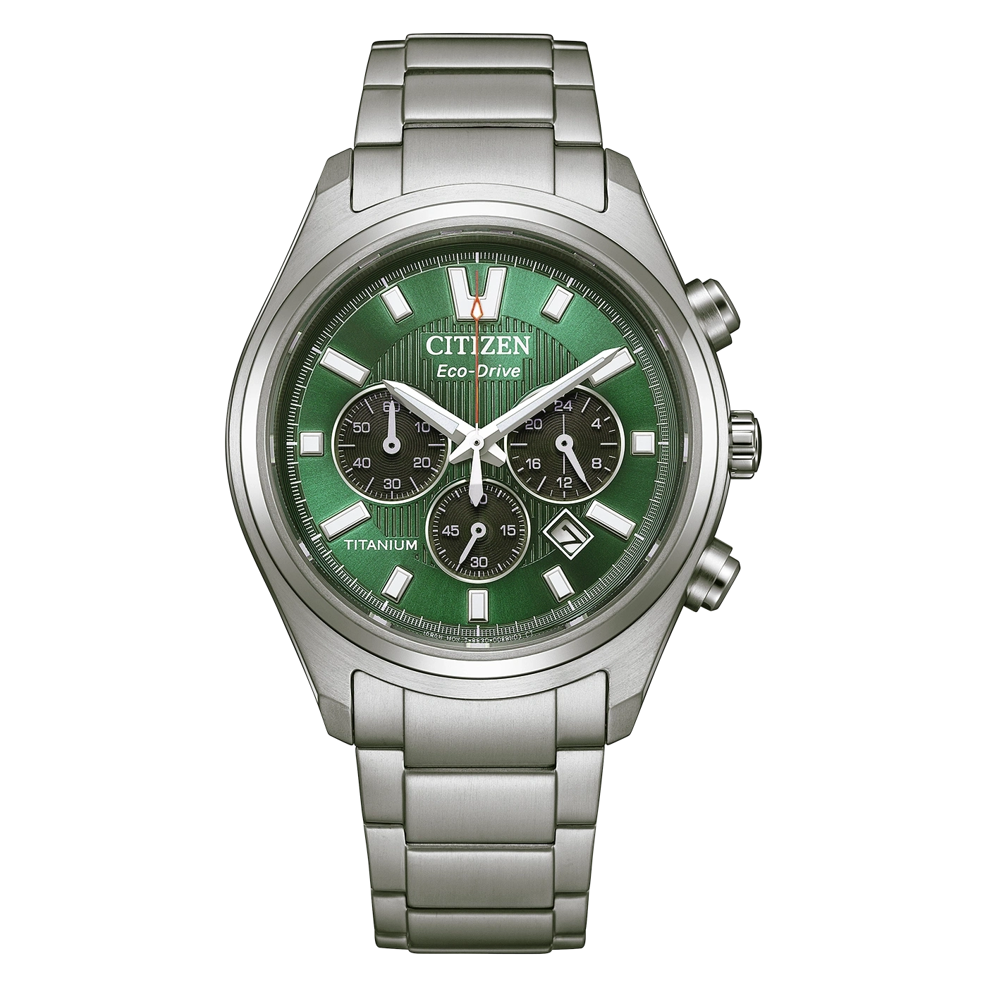 Eine Citizen Eco-Drive Titanuhr mit grünem Zifferblatt und silbernem Armband.
