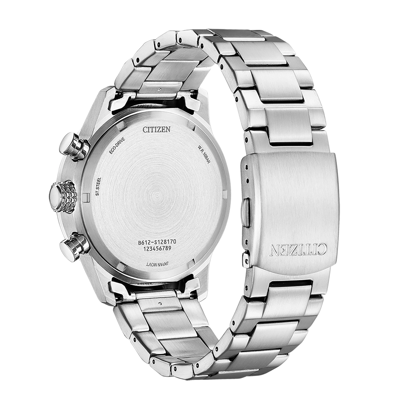 Citizen-Uhrenrückseite, Edelstahl, Eco-Drive, W.R.10BAR, Japan Movt.