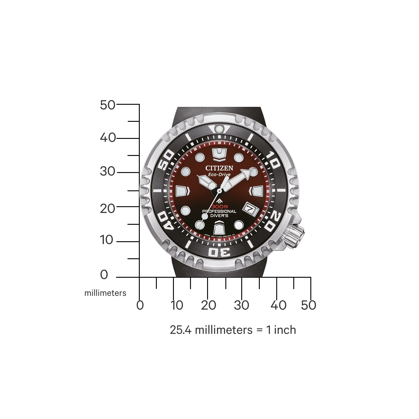 Citizen Eco-Drive Uhr mit Millimeterskala, schwarzes und rotes Zifferblatt.