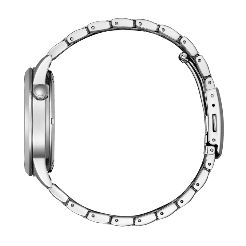 Seitenansicht einer silbernen Armbanduhr mit Metallband, elegantes Design.