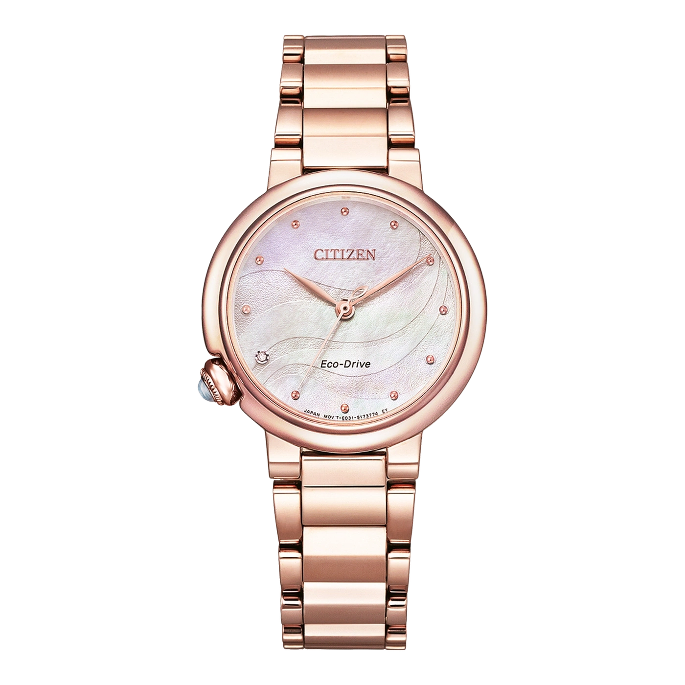Roségoldene Citizen Eco-Drive Uhr mit Perlmuttzifferblatt und Roségoldarmband.