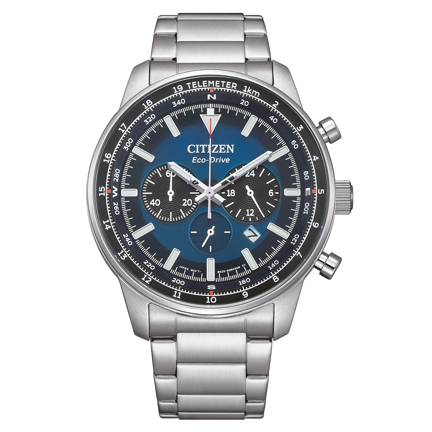 Citizen Eco-Drive Uhr mit blauem Zifferblatt und Chronographenfunktionen, Edelstahlarmband.