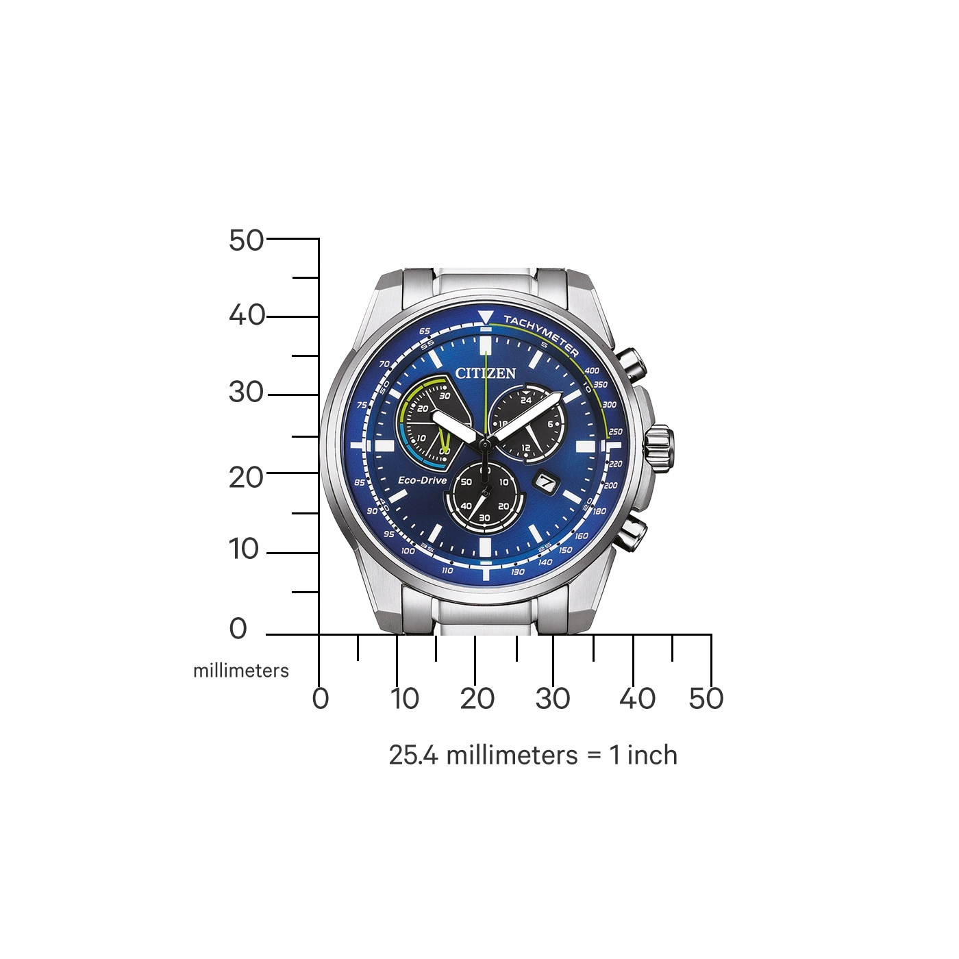 Citizen-Uhr mit blauem Zifferblatt und silbernem Armband, Tachymeter, Eco-Drive.