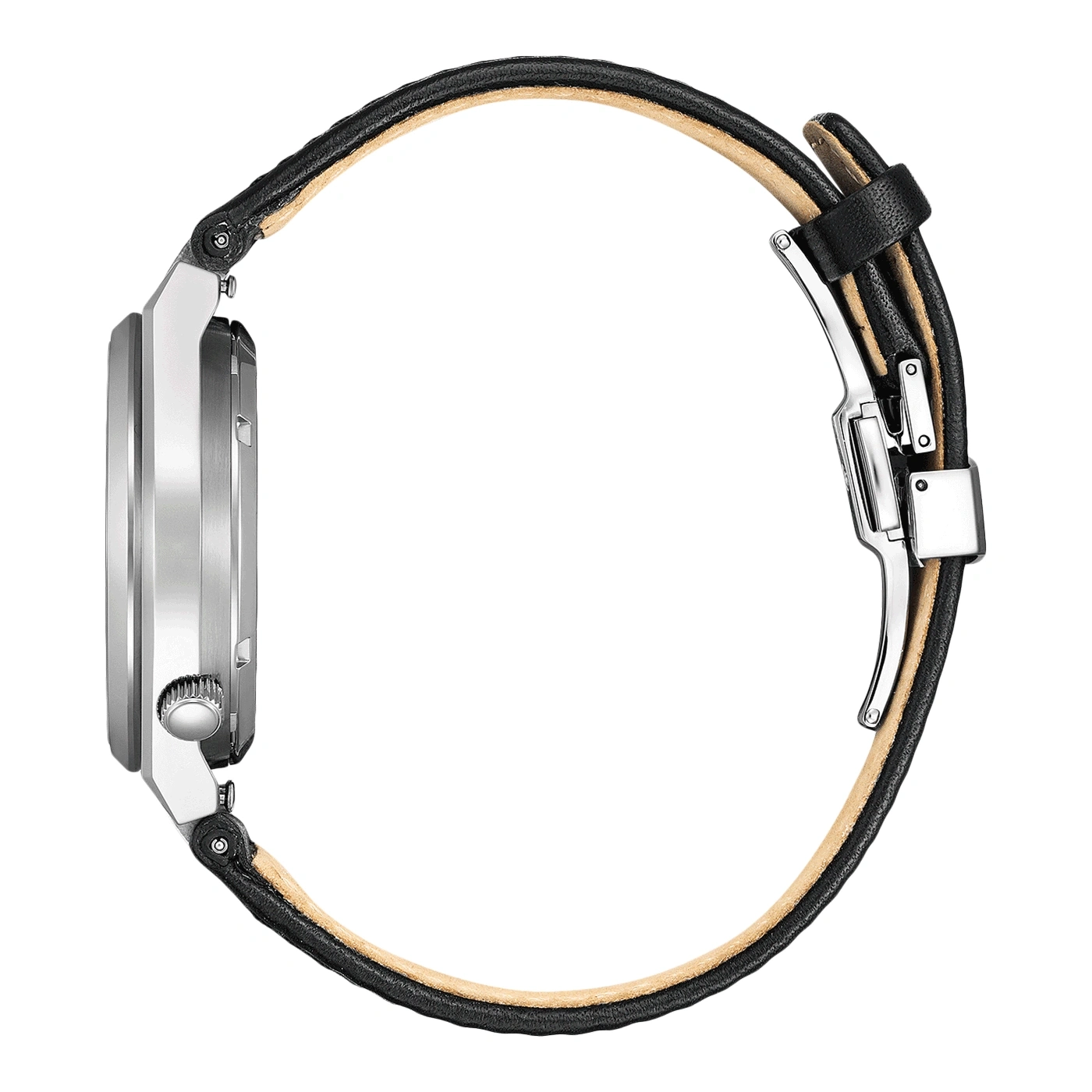 Seitenansicht einer silbernen Uhr mit schwarzem Lederarmband.