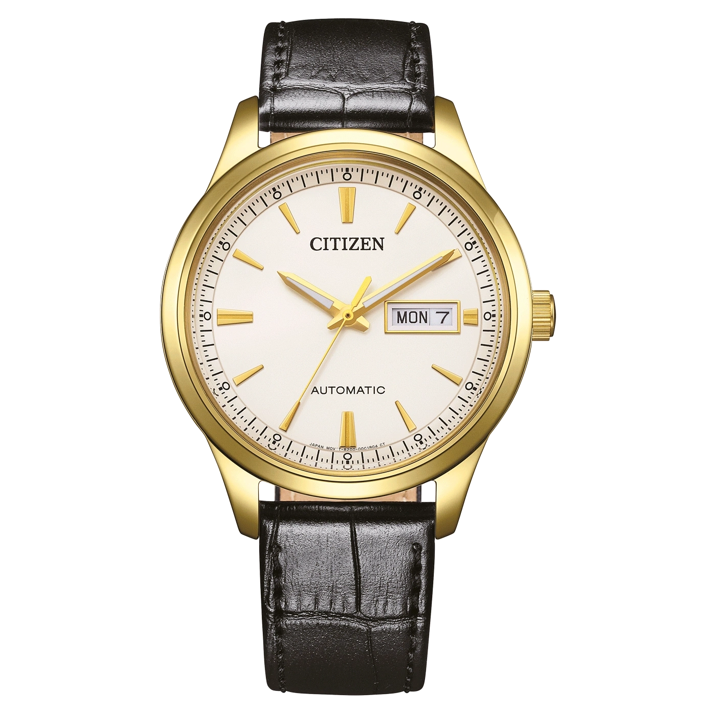 Goldene Citizen-Uhr mit weißem Zifferblatt, schwarzem Lederarmband und Datumsanzeige.