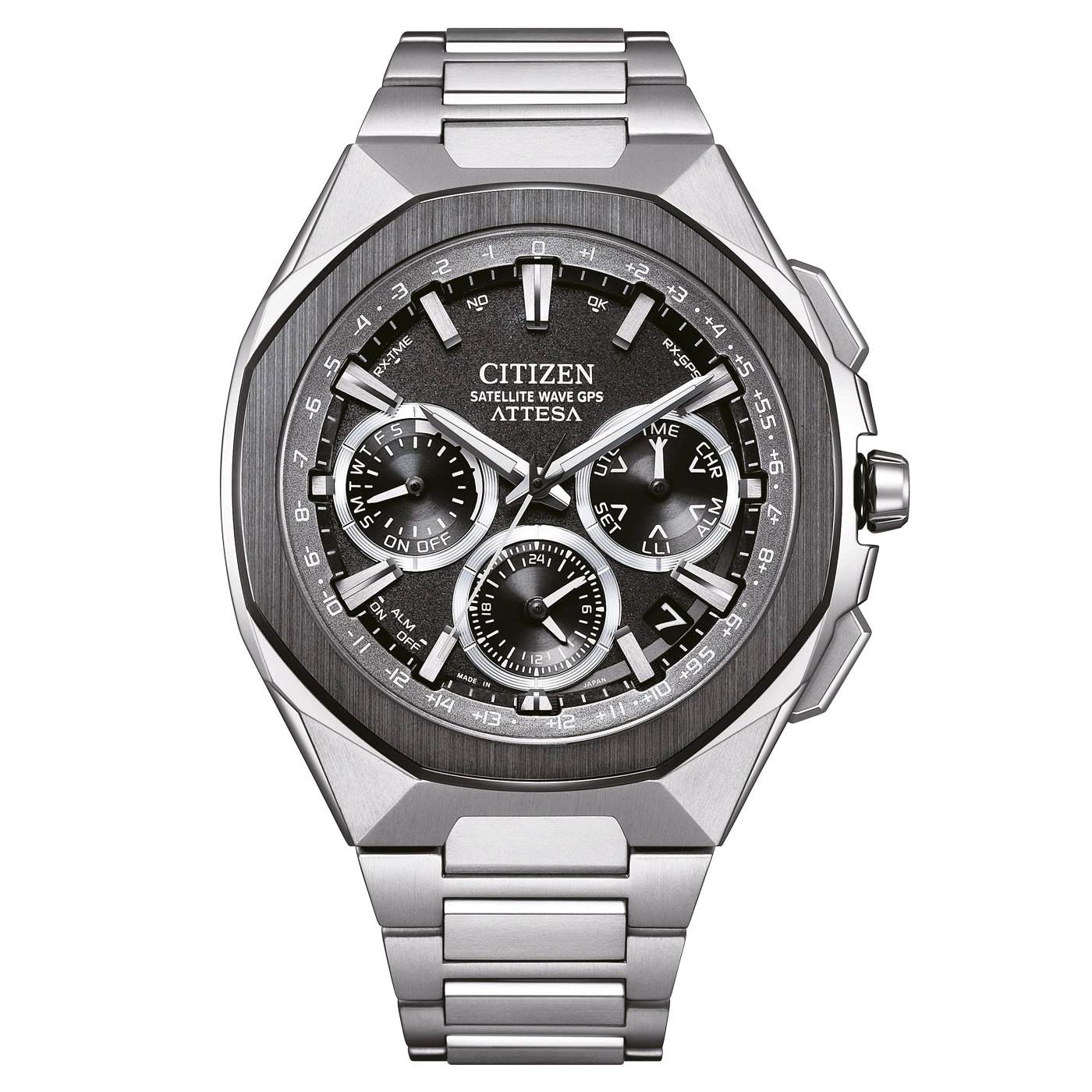 Citizen Attesa Uhr mit schwarzem Zifferblatt und silbernem Armband, GPS.