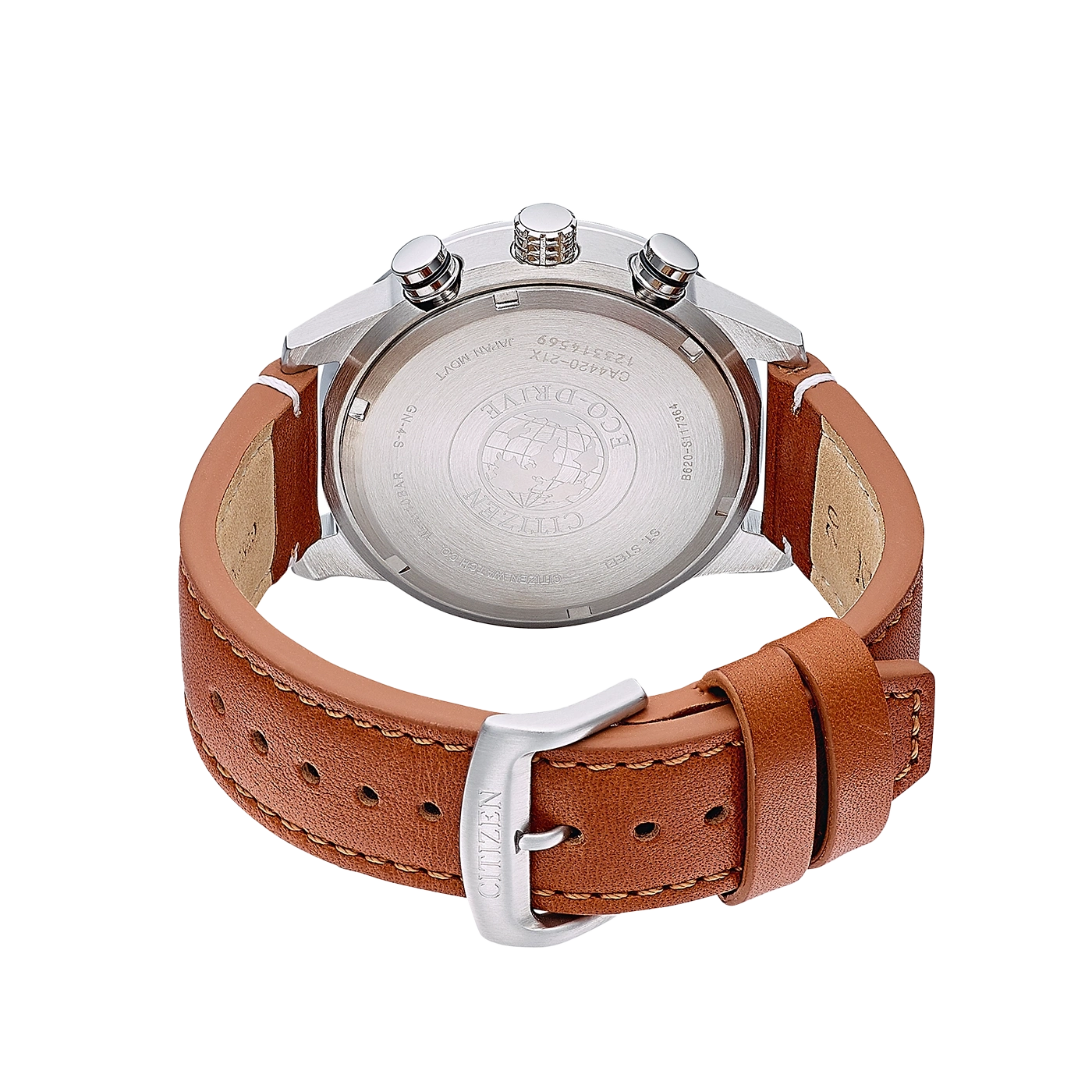 Citizen-Uhrrückseite mit braunem Lederarmband und Schnalle, Nahaufnahme.