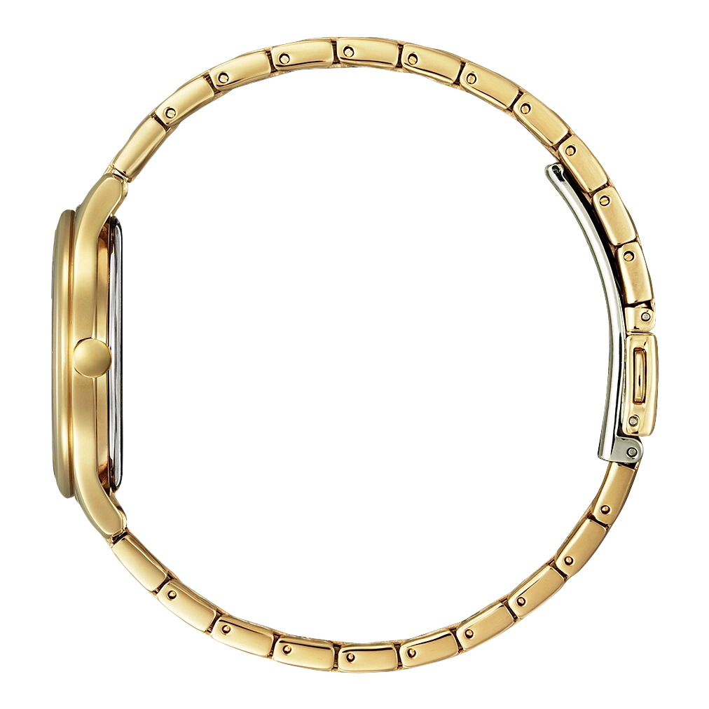 Goldene Uhr mit rundem Zifferblatt und goldenem Armband, Seitenansicht.