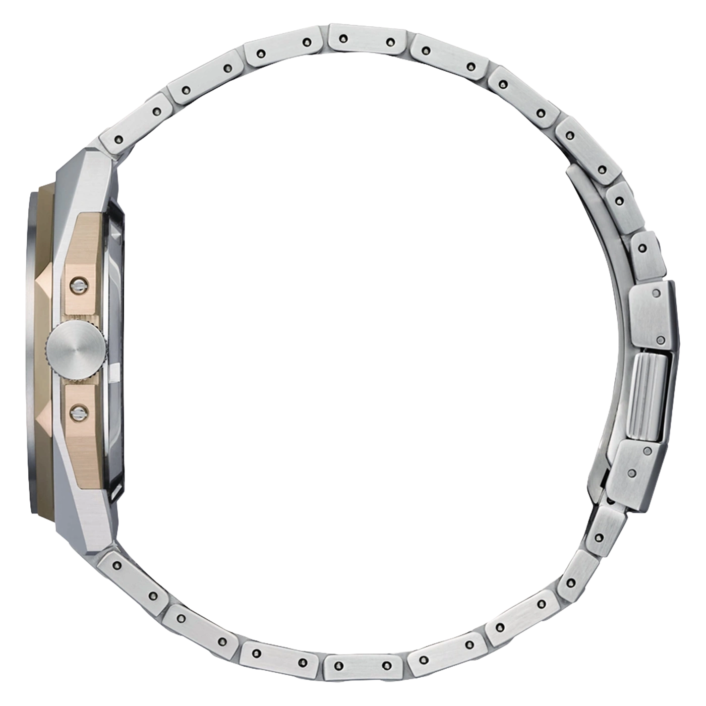 Seitenansicht einer silbernen und goldenen Uhr mit Metallarmband.
