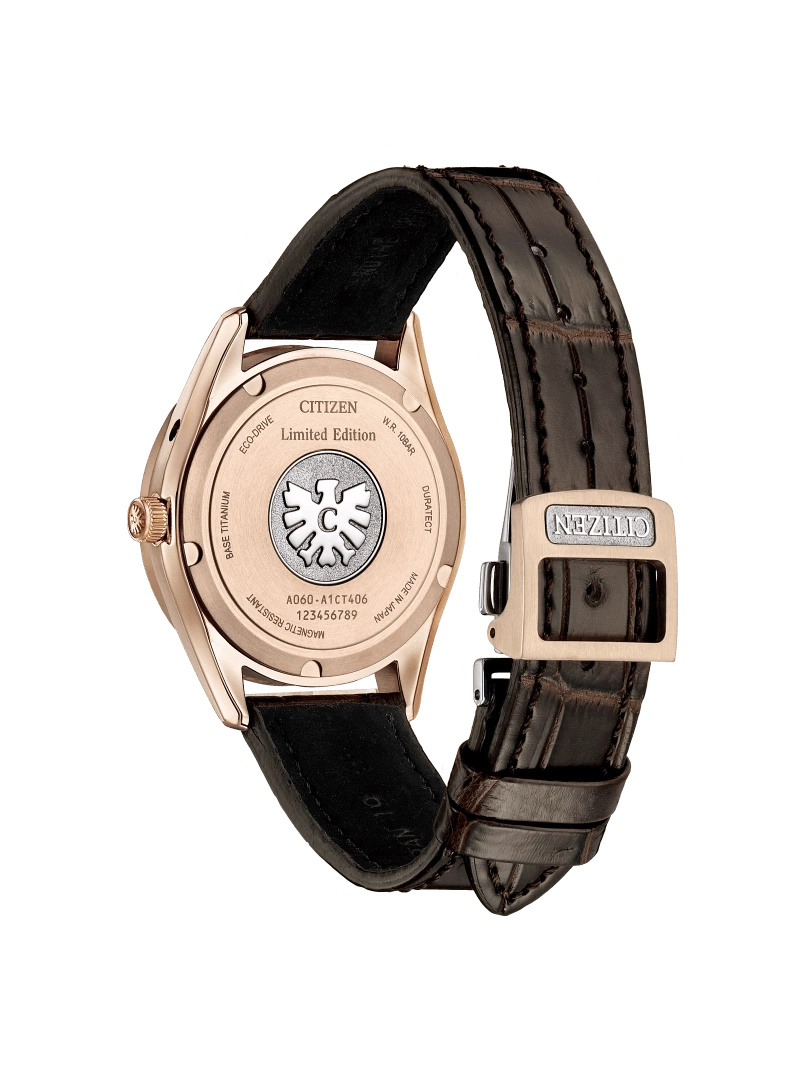 Citizen-Uhrrückseite, Roségold, Lederarmband, limitierte Auflage, Eco-Drive, made in Japan