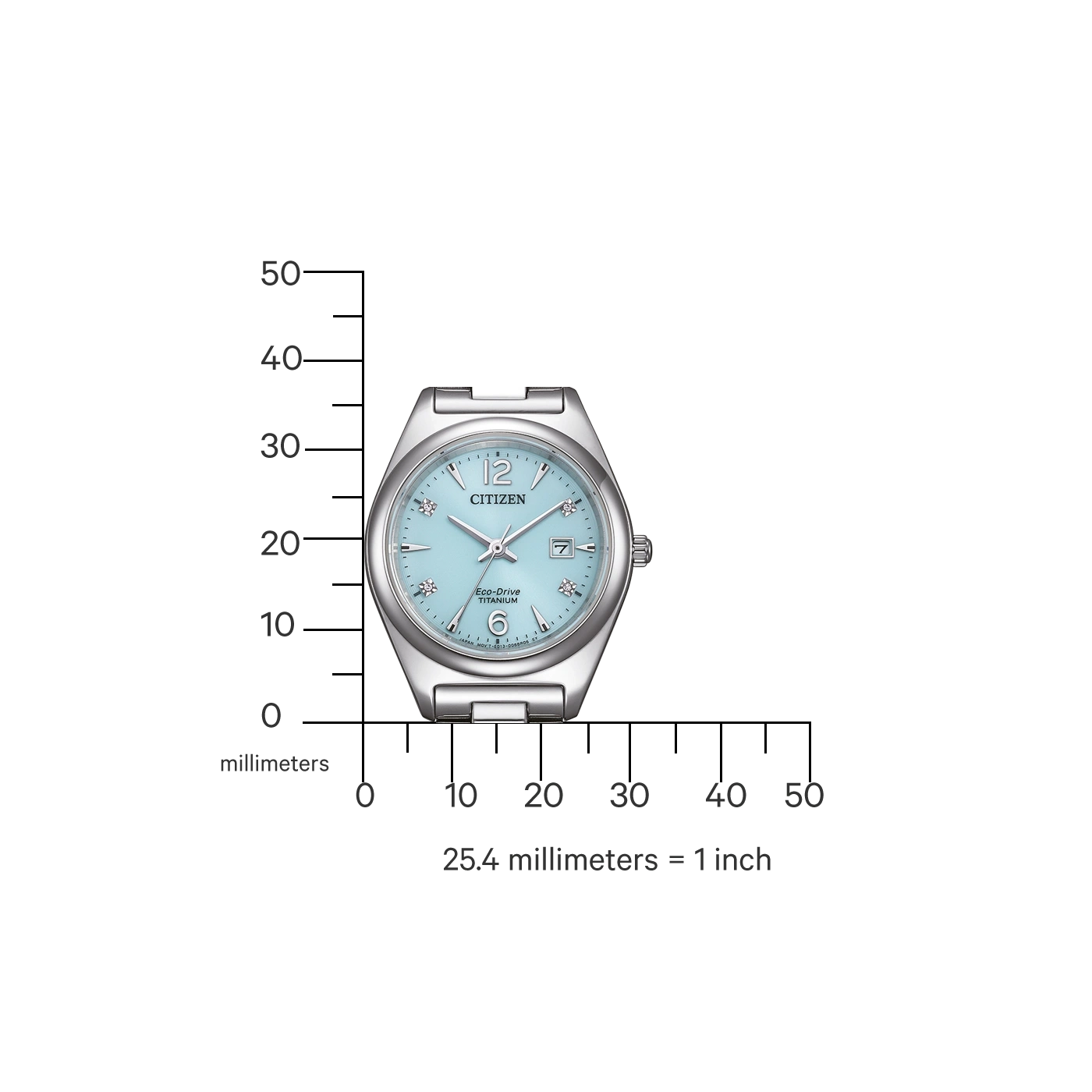 Citizen-Uhr mit hellblauem Zifferblatt und Titanband, Messung in Millimetern.