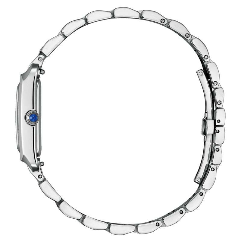 Silberne Uhr mit blauem Edelstein, elegantes Design, Seitenansicht