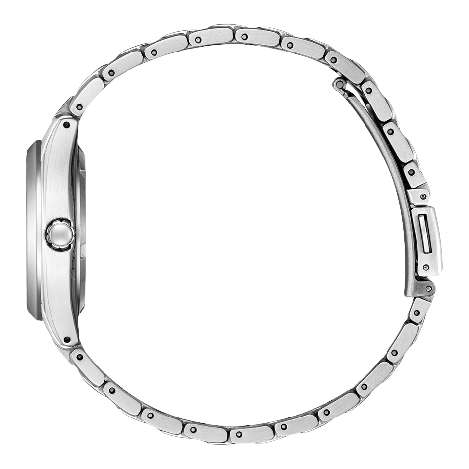 Seitenansicht einer silbernen Armbanduhr mit Metallband, elegantes Design.