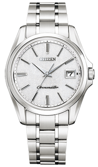 This image displays a Citizen watch with a silver-toned case and metal bracelet. It features a textured white dial with applied hour markers, a date window, and "Chronomaster" text, all against a plain background.