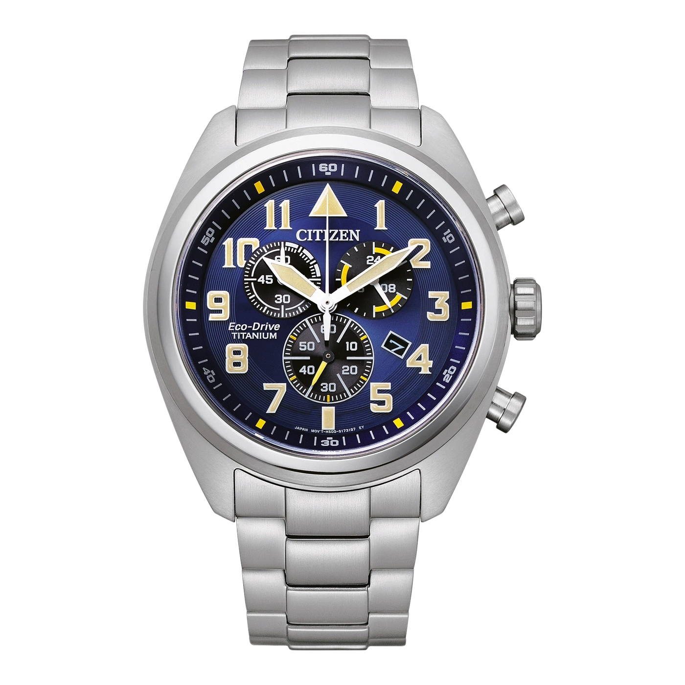 Citizen-Uhr mit blauem Zifferblatt, Titan, Chronograph, Eco-Drive und silbernem Armband.