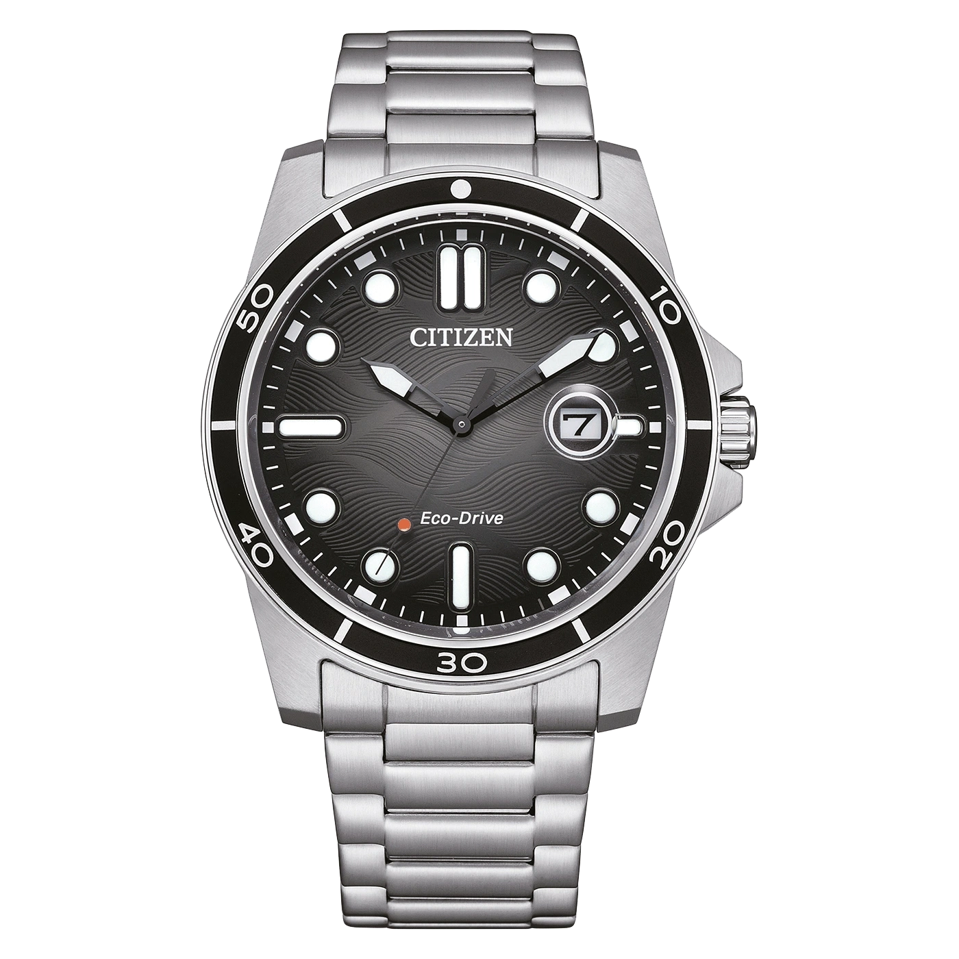 Citizen-Uhr mit schwarzem Zifferblatt und silbernem Armband, Eco-Drive.