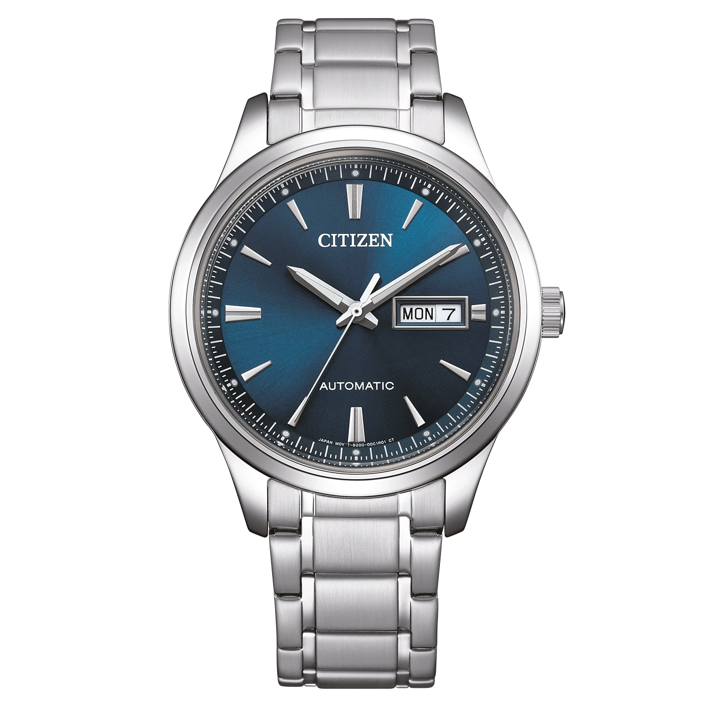 Citizen-Uhr mit blauem Zifferblatt und silbernem Armband, Automatikwerk.
