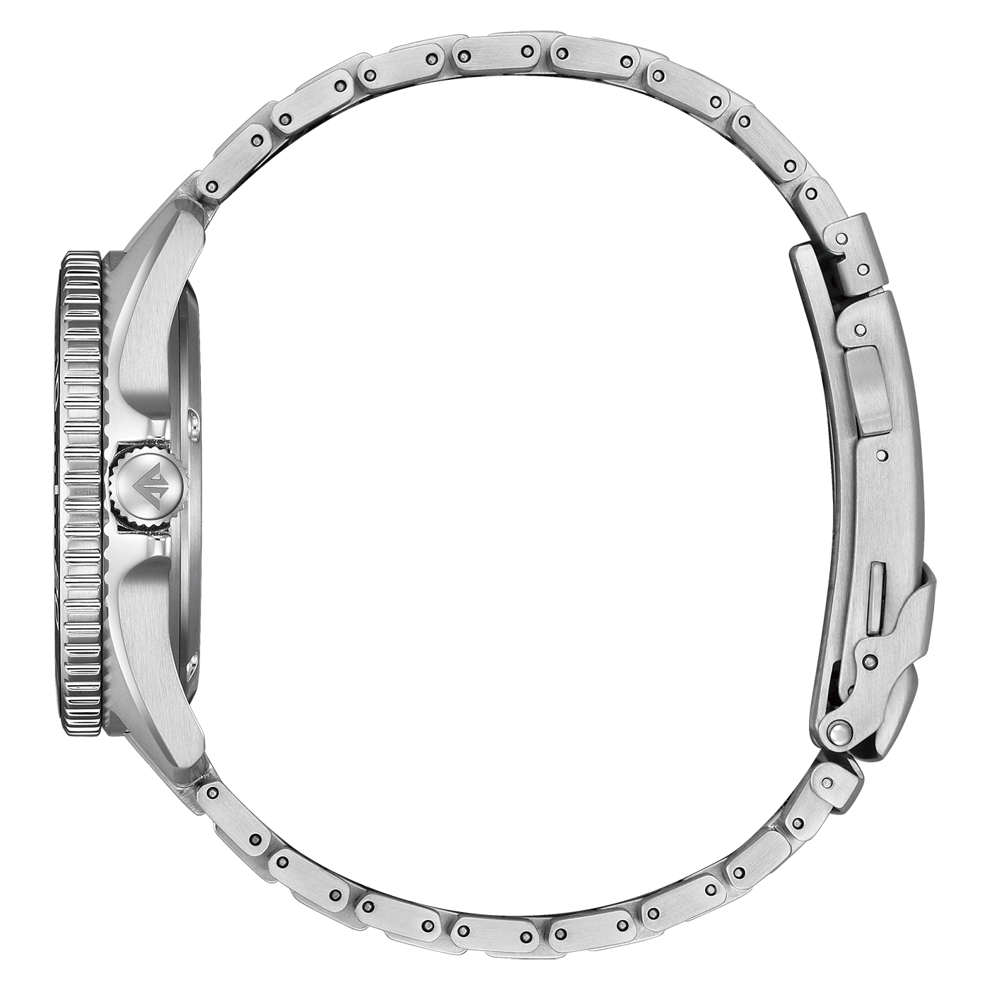 Eine silberne Metalluhr mit Gliederband und Lünettenrand.