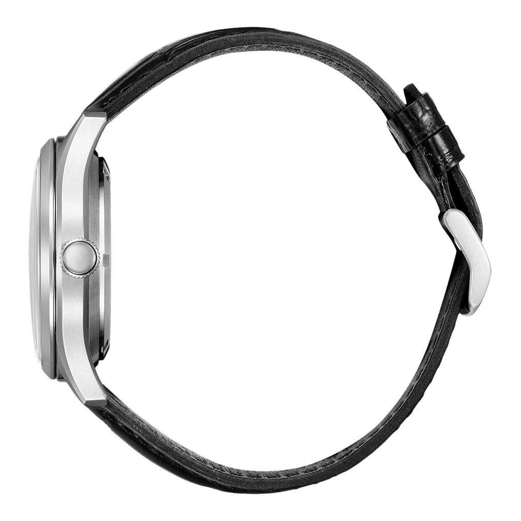 Seitenansicht einer silbernen Uhr mit schwarzem Lederarmband.
