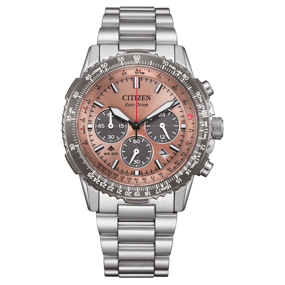 Citizen Eco-Drive Uhr mit roségoldenem Zifferblatt und Edelstahlarmband.