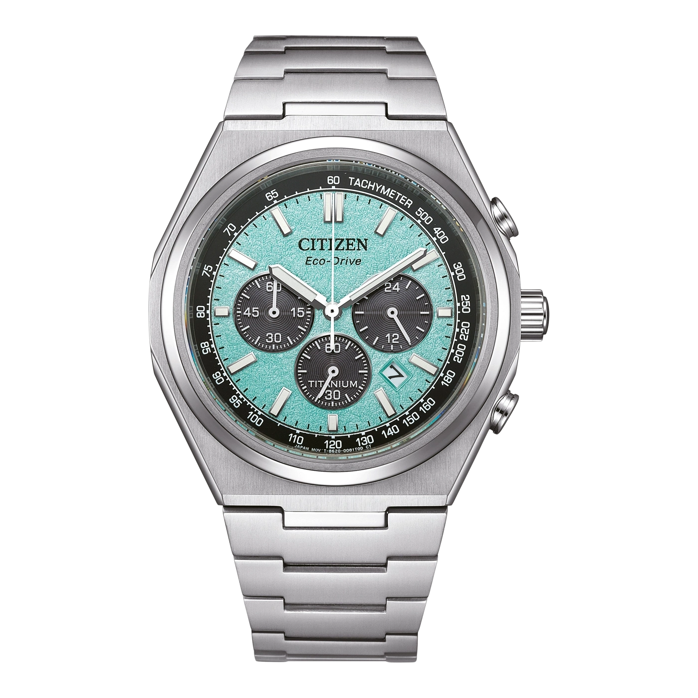 Citizen-Uhr mit türkisfarbenem Zifferblatt, Titan und Chronographenfunktionen.