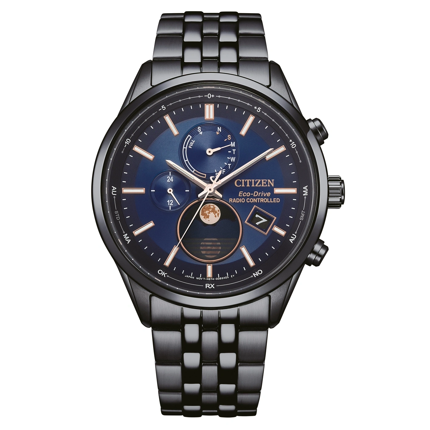 Schwarze Citizen Eco-Drive Uhr mit blauem Zifferblatt und Mondphasenanzeige.