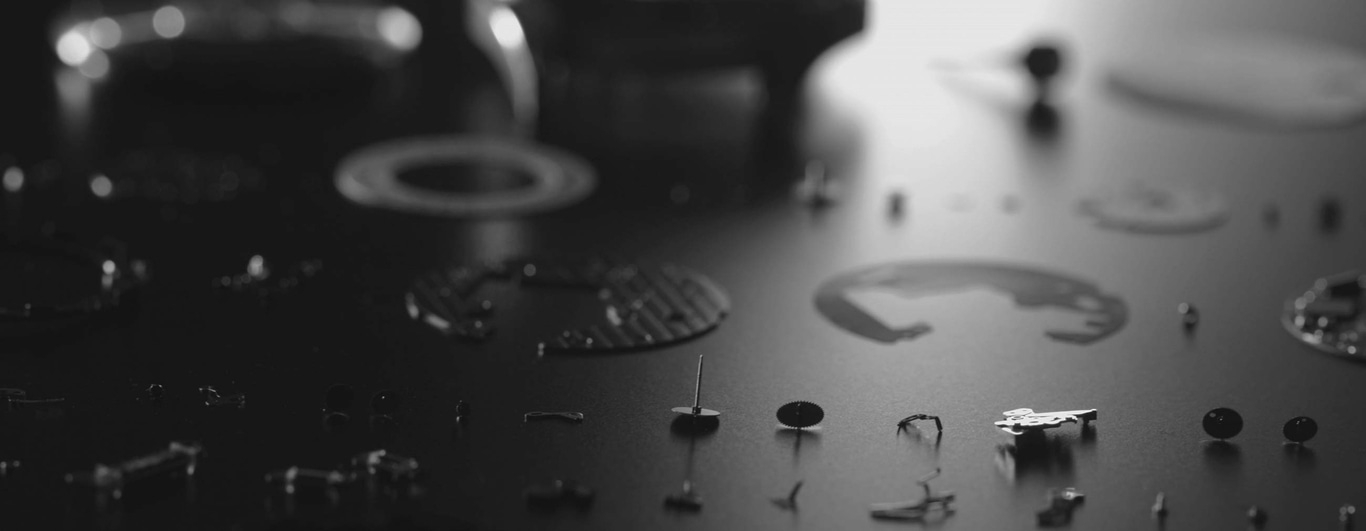 This black and white image displays numerous small, intricate watch components laid out on a dark, reflective surface. The shallow depth of field keeps some parts sharp, highlighting the meticulous detail and precision in watchmaking.