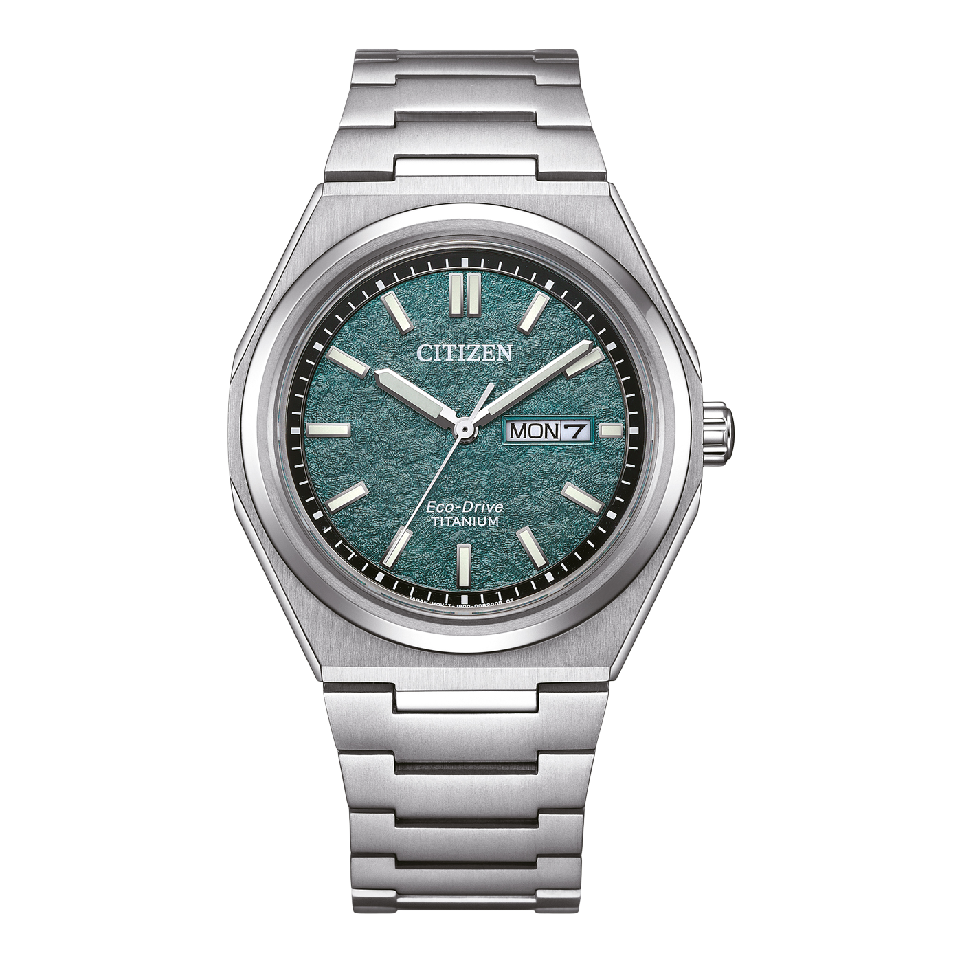 Citizen-Uhr mit grünem Zifferblatt und Titanarmband, Eco-Drive-Technologie.