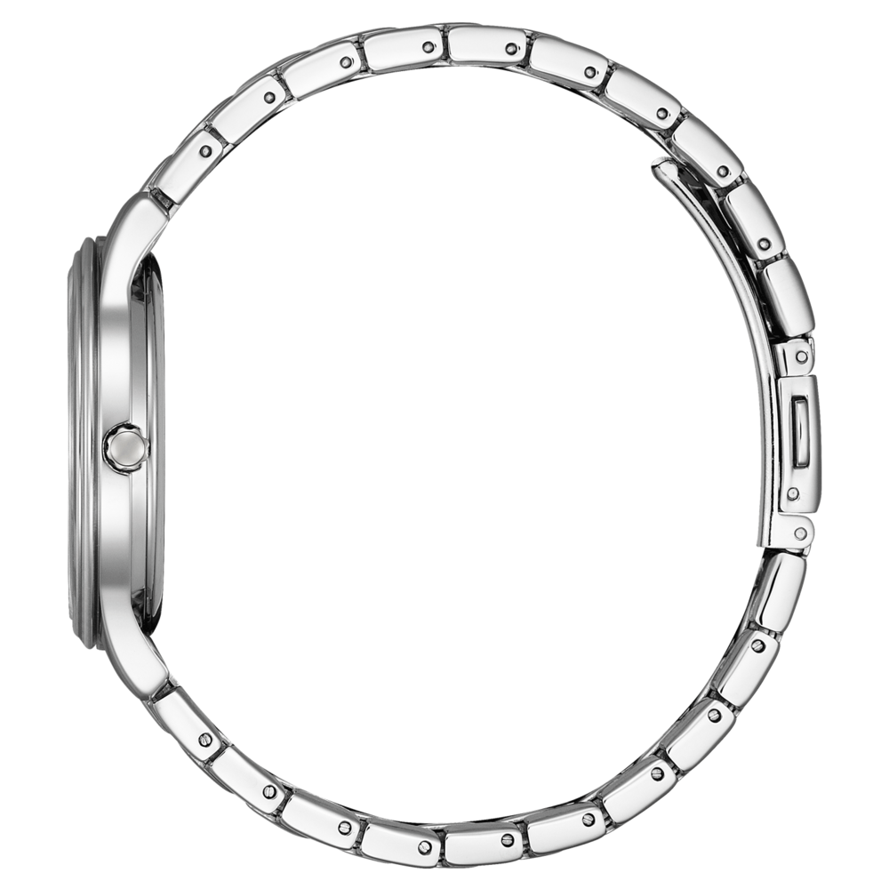 Silberne Uhr mit Metallarmband, Seitenansicht, elegantes Design, glänzend
