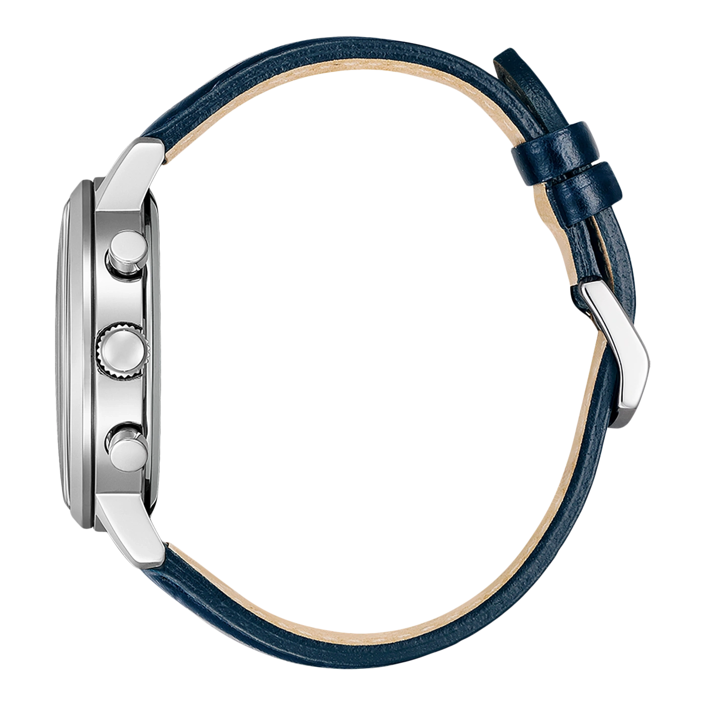 Seitenansicht einer silbernen Uhr mit blauem Lederarmband.