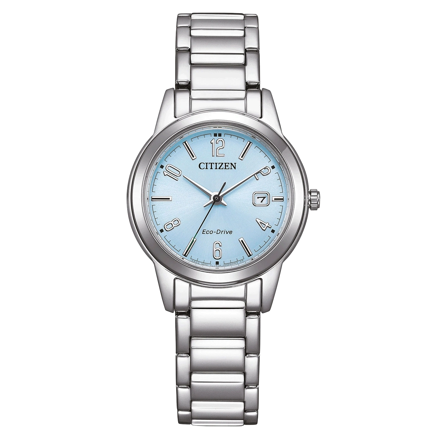 Citizen-Uhr mit hellblauem Zifferblatt und silbernem Armband, Eco-Drive-Technologie.