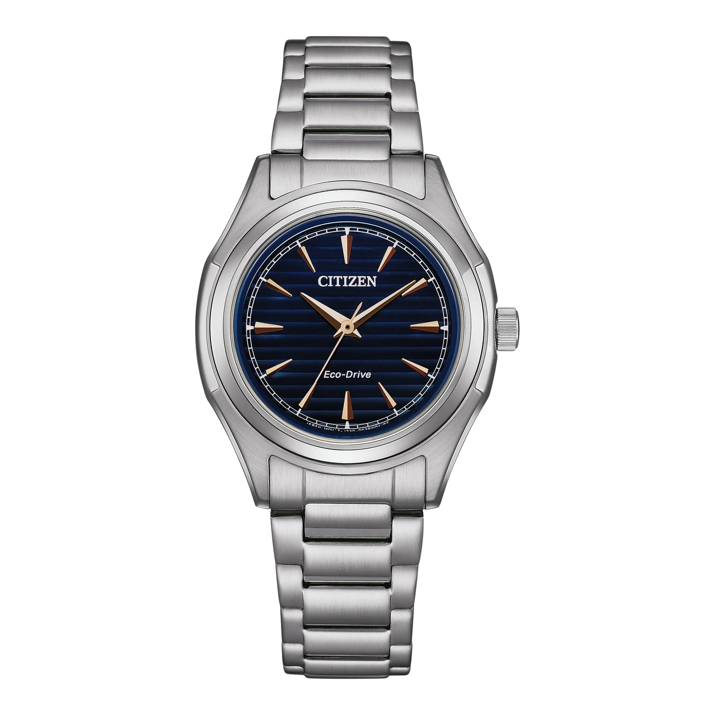 Citizen-Uhr mit blauem Zifferblatt und silbernem Armband, Eco-Drive-Technologie.