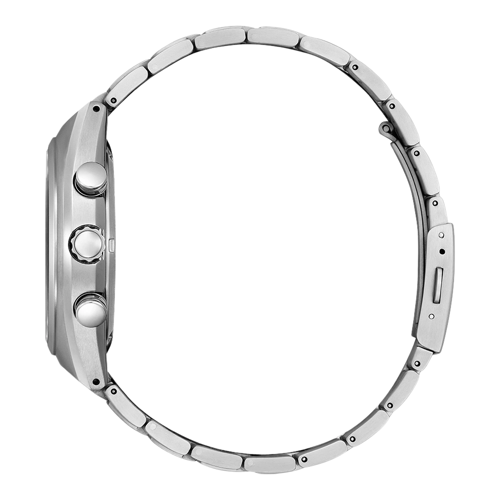 Silberne Uhr mit Metallarmband, Seitenansicht, isoliert auf weißem Hintergrund.
