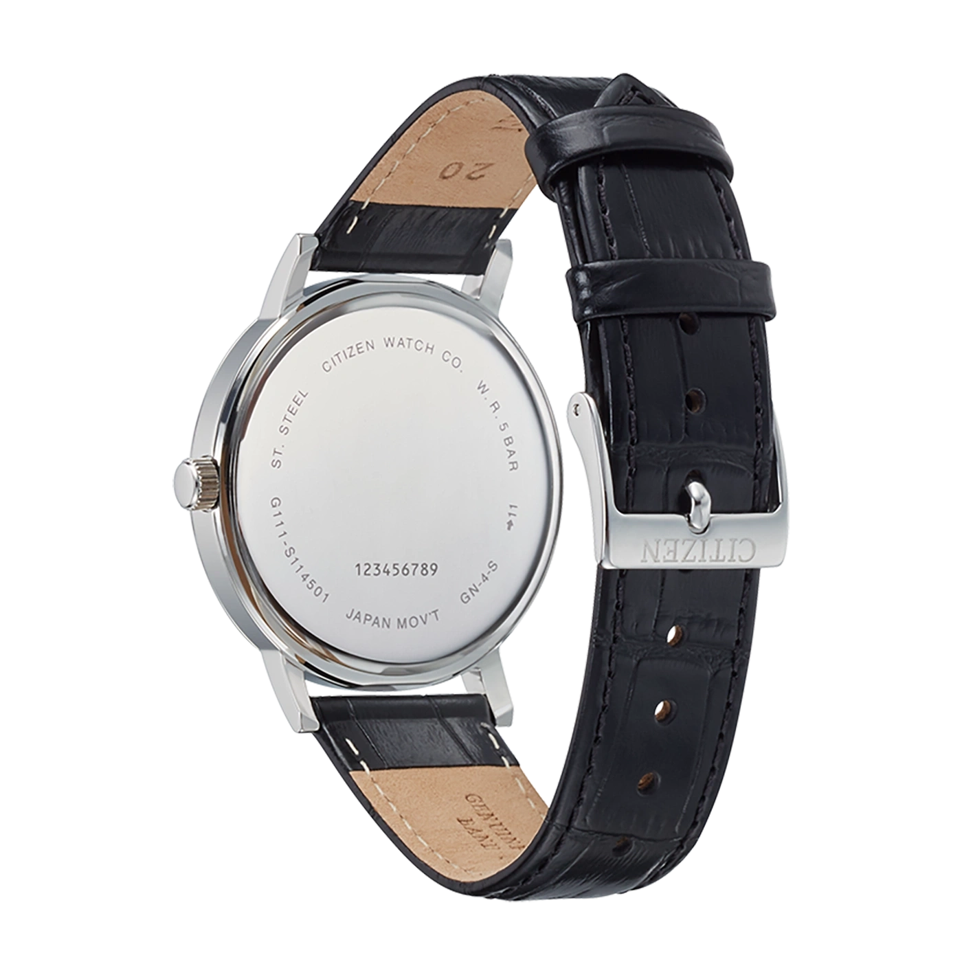 Citizen-Uhr mit schwarzem Lederarmband, Edelstahlrücken und Text.