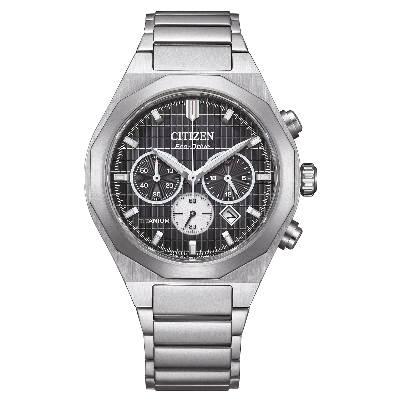 Citizen Eco-Drive Titanuhr mit schwarzem Zifferblatt und Chronographenfunktionen.
