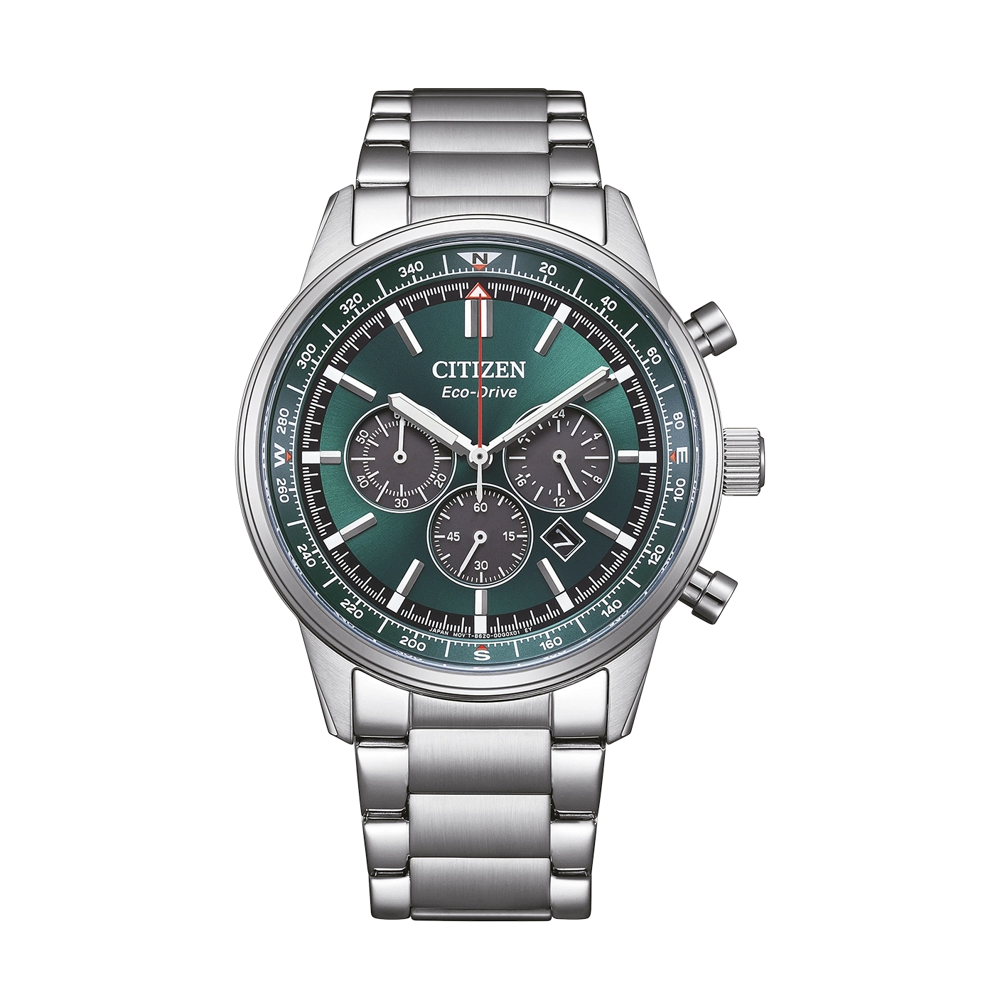 Eine grüne Citizen Eco-Drive Chronographenuhr mit Metallarmband.